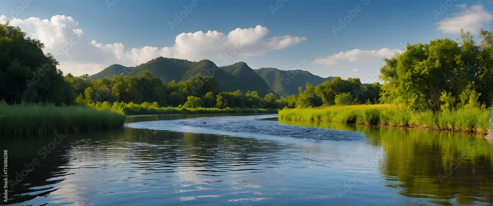 for advertisement and banner as River Serenity Reflecting the peaceful flow of rivers carving through landscapes. in Fresh Landscape theme ,Full depth of field, high quality ,include copy space on lef
