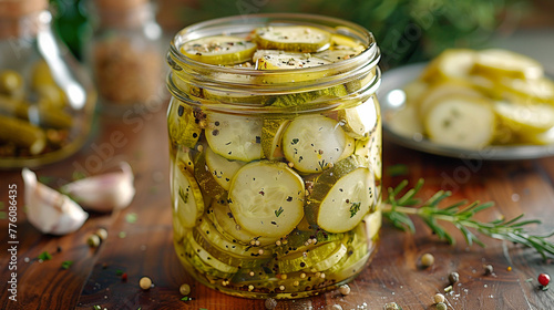 Sliced pickled cucumbers in a jar on the kitchen table