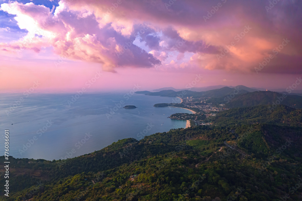 Fototapeta premium Amazing aerial view sunset above Nai Harn beach. Viewpoint Rawai of Phuket, Thailand travel