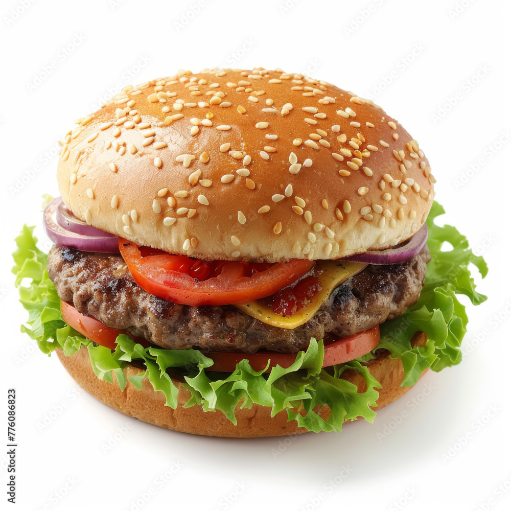 Stock image of a juicy beef hamburger with sesame bun, lettuce, tomato, onion, and condiments.