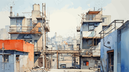 Watercolor Painting of Weathered Buildings in Urban Landscape vector