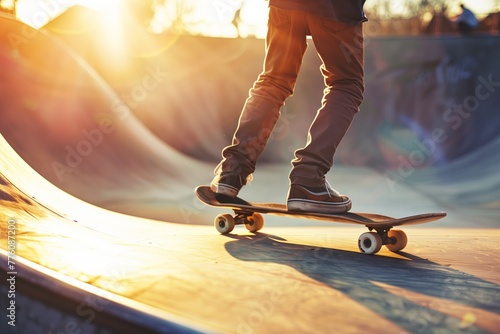 Skateboarder cruising on ramp with warm light