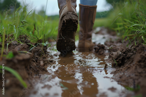 A person is walking through a muddy field with their boots in the mud. Concept of adventure and exploration, as the person is venturing into the muddy terrain. Generative AI
