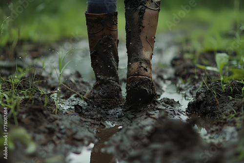 A person is walking through a muddy field with their boots in the mud. Concept of adventure and exploration, as the person is venturing into the muddy terrain. Generative AI