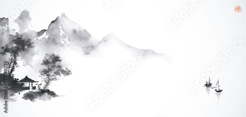 Ink wash painting of mountain landscape with fishing boats.Traditional oriental ink painting sumi-e, u-sin, go-hua. Hieroglyph - well-being