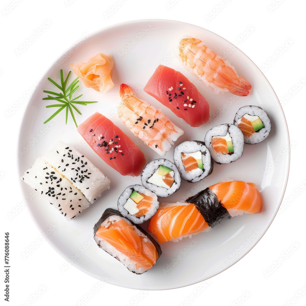 A plate of sushi rolls with a sprig of rosemary