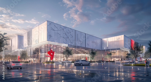 A rendering of the exterior of an active sports center with modern architecture, featuring three white buildings connected in the style of silver metal columns and wrapped in glass panels.