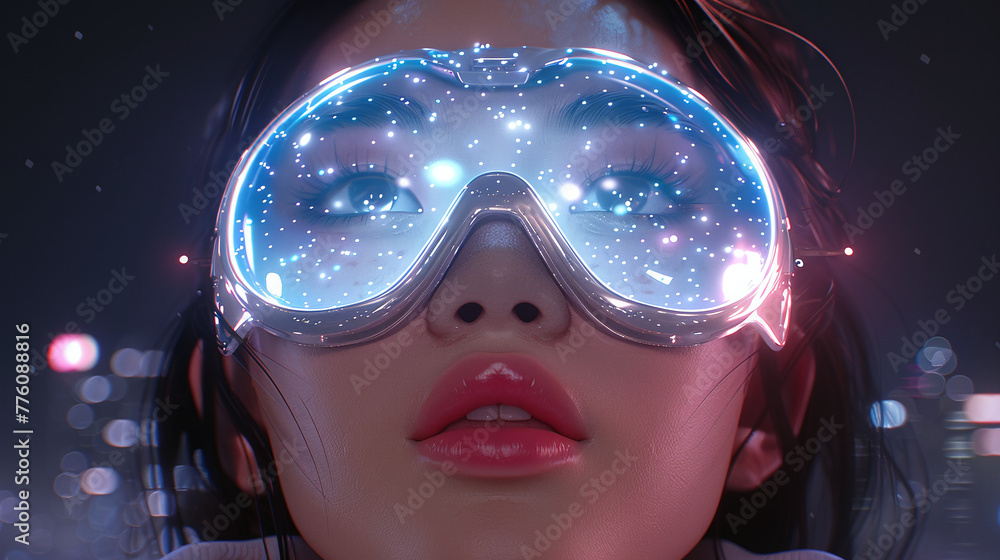 illustration of woman wearing futuristic glasses, metaverse glasses, galaxies and space, ID digitalization illustration of woman wearing futuristic glasses, metaverse glasses, galaxies and space, ID digitalization