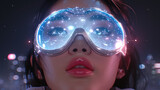 illustration of woman wearing futuristic glasses, metaverse glasses, galaxies and space, ID digitalization