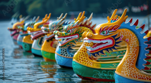 A row of colorful dragon boats with painted heads lined up on the water's surface for Dragon Boat Festival celebrations in China