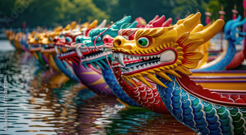 A row of colorful dragon boats with painted heads lined up on the water's surface for Dragon Boat Festival celebrations in China photo