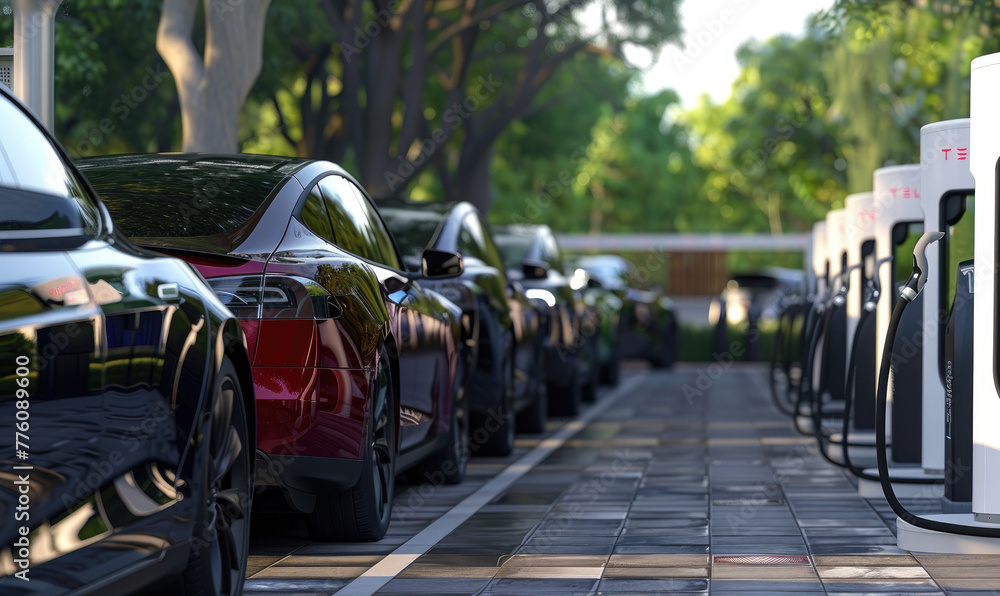 A row of electric cars charging at an outdoor urban public EV station