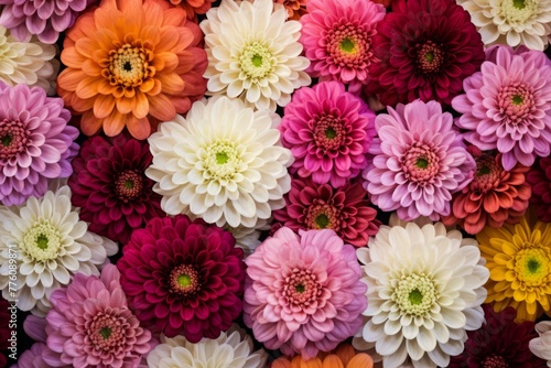 chrysanthemums in various colors, captured from above. flowers are arranged to create an intricate pattern with different shades of reds, pinks, yellows, purples and white