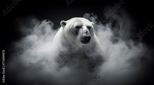 White polar bear with misty smoke or fog around it on a black background