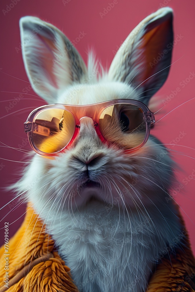 Stylish lop-eared rabbit chewing bubblegum decked out in sunglasses and jacket
