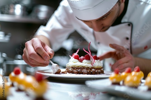Meticulous Chef Garnishes Exquisite Desserts in a High-End Kitchen