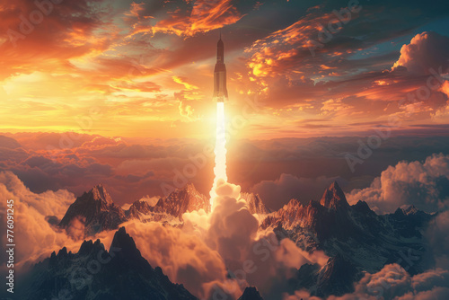 rocket launch through clouds at dawn. the beginning, the start. space flight, travel, tourism. photo