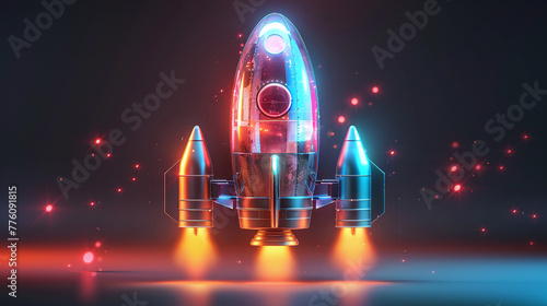 illustration of rocket about to launch, rocket toy, 3D render style, neon colors