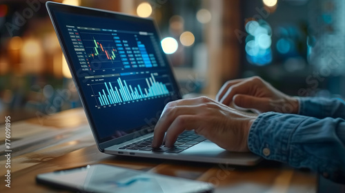 Data analysis to increase sales and revenue. Man sitting with laptop and working with growing graph. Business data analytics concept , Generative AI 