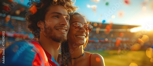Couple enjoying soccer game at stadium surrounded by blurred fans capturing the excitement of a weekend sports event. Concept Weekend Sports Event, Soccer Game, Excitement, Couple, Stadium Crowd © Anastasiia