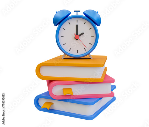 3d minimal back-to-school concept. classroom element. a stack of books with an alarm clock on top. 3d illustration.
