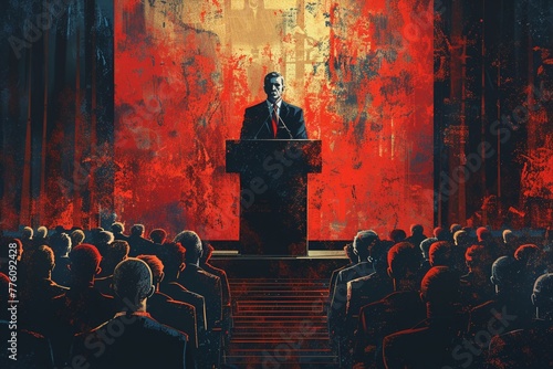 Vector hyper realistic of a speaker addressing a large audience during a political campaign, standing at a podium with dynamic elements like flags and banners in the background. photo