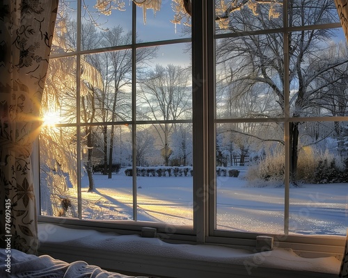 Quiet holiday morning, first light through frosted windows, serenity savored © Jiraphiphat