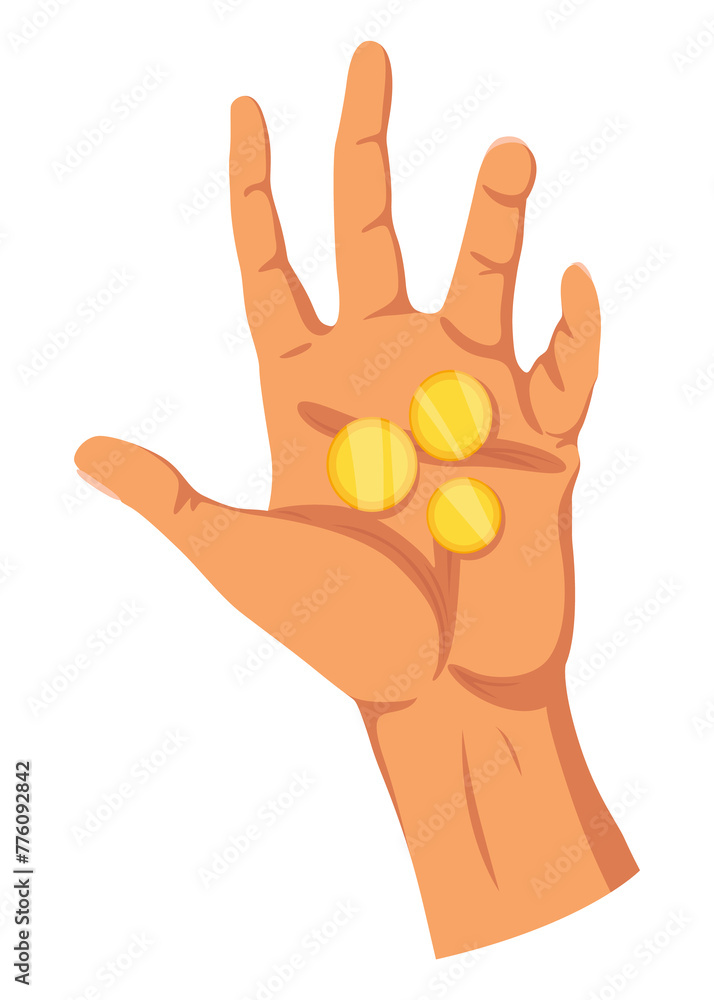 Obraz premium Hand with coins. Money donation, charity or investment. Coins or cash in hand. Colorful flat illustration with isolated on white