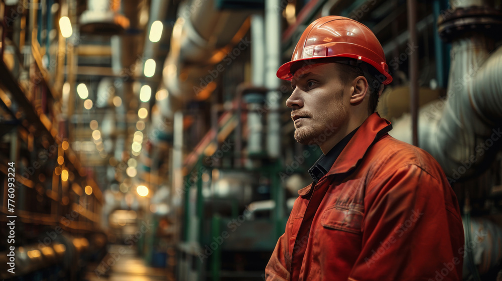 Serious male engineer wearing a red hard hat in a bustling factory setting, contemplating machinery operations.