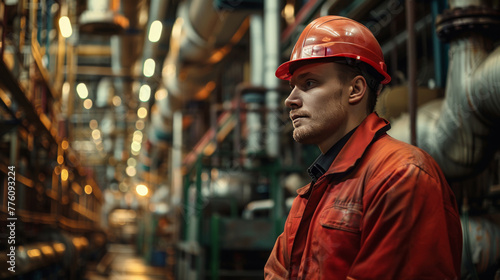 Serious male engineer wearing a red hard hat in a bustling factory setting, contemplating machinery operations.