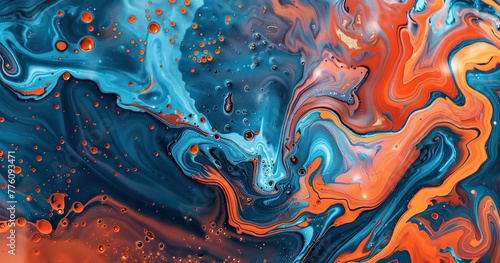 orange and blue liquid marble, molten, flow, futuristic,