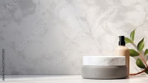 Marble stone counter with cosmetic beauty products and leaf shadow on cement wall background 
