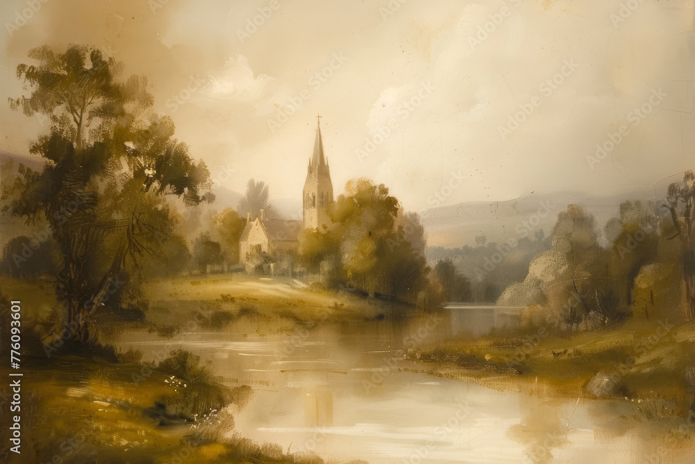 Vintage Church Painting - beautiful Landscape and neutral colors - obrazy, fototapety, plakaty 