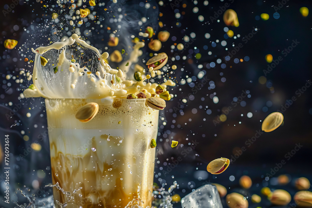 Dynamic Coffee Splash with Flying Pistachios Dynamic Coffee Splash with Flying Pistachios
