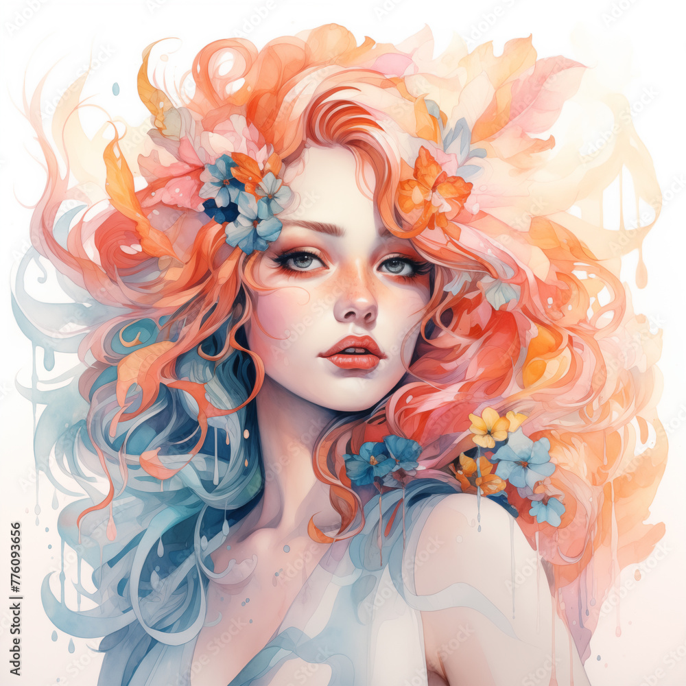 Portrait of a pretty woman with creative make up and orange-blue hair. Watercolor art. Fashion illustration. Sexy girl. Blue flowers. Portrait of a pretty woman with creative make up and orange-blue hair. Watercolor art. Fashion illustration. Sexy girl. Blue flowers.