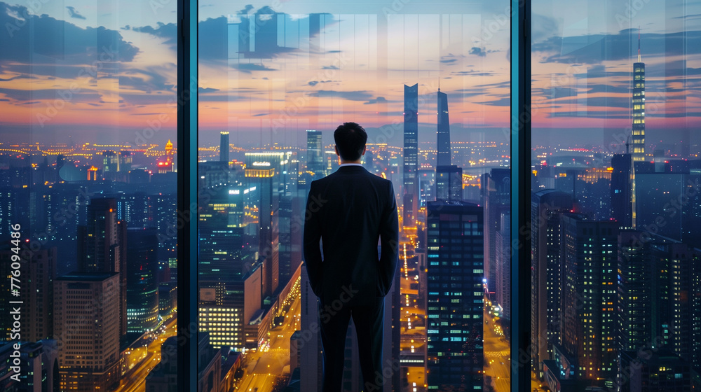 Businessman looking at the city from window of a skyscraper at dusk. Inspiring and visionary business concept Businessman looking at the city from window of a skyscraper at dusk. Inspiring and visionary business concept