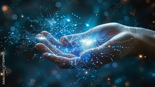 human hand holding virtual data, light, dots, magic of space #776094409