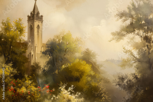 Vintage Church Painting - beautiful Landscape and neutral colors