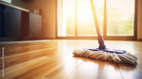 Mop cleaning wooden floor in sunlit room symbolizing household 