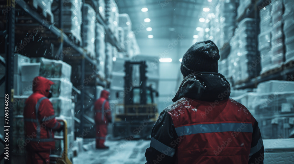 People in protective red gear working in a refrigerated warehouse with falling snow.