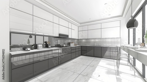 modern kitchen with grey cabinets and white walls, interior design, simple pattern wall tiles in the back ground