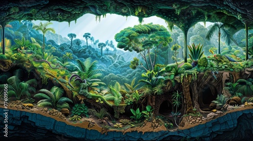 A painting of a jungle with a tree in the middle. The painting is of a forest with a lot of trees and plants