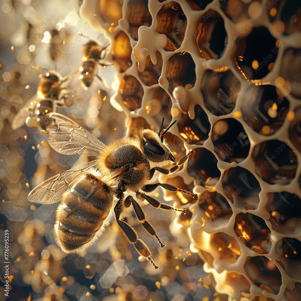 Artistic 3D composition of a bee and honeycomb - obrazy, fototapety, plakaty 