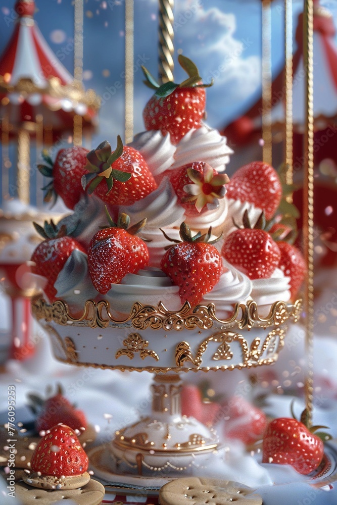 3D playful strawberries wearing whipped cream