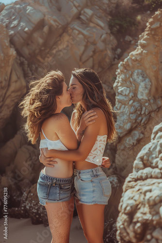 full body portrait of two beautiful women at golden hour in the style of large rocks on beach, warm tones, happy tones, natural lighting
