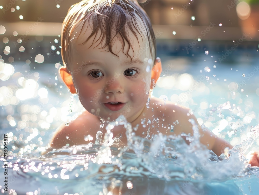 The first swim lesson, overcoming fear, splashes of courage The first swim lesson, overcoming fear, splashes of courage