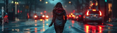 hyper realistic of a terrified woman running on an empty street in the dark, looking back as though something or someone is chasing her, capturing the intensity of her fear.