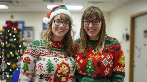 Ugly holiday sweater contest, fashionably festive, laughter shared