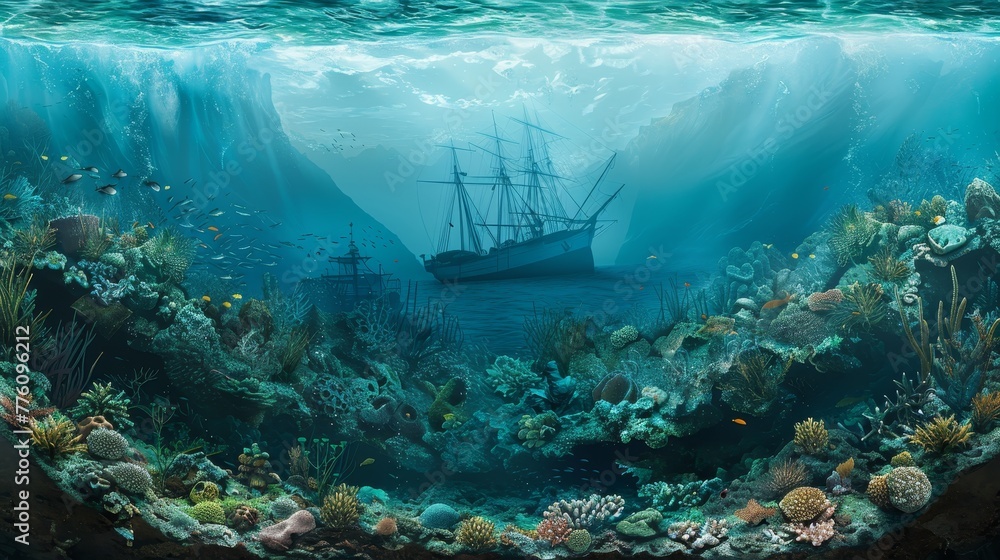A shipwreck is seen in the middle of a coral reef. The ship is surrounded by a large number of fish, some of which are swimming near the wreck. The scene is both beautiful and eerie A shipwreck is seen in the middle of a coral reef. The ship is surrounded by a large number of fish, some of which are swimming near the wreck. The scene is both beautiful and eerie
