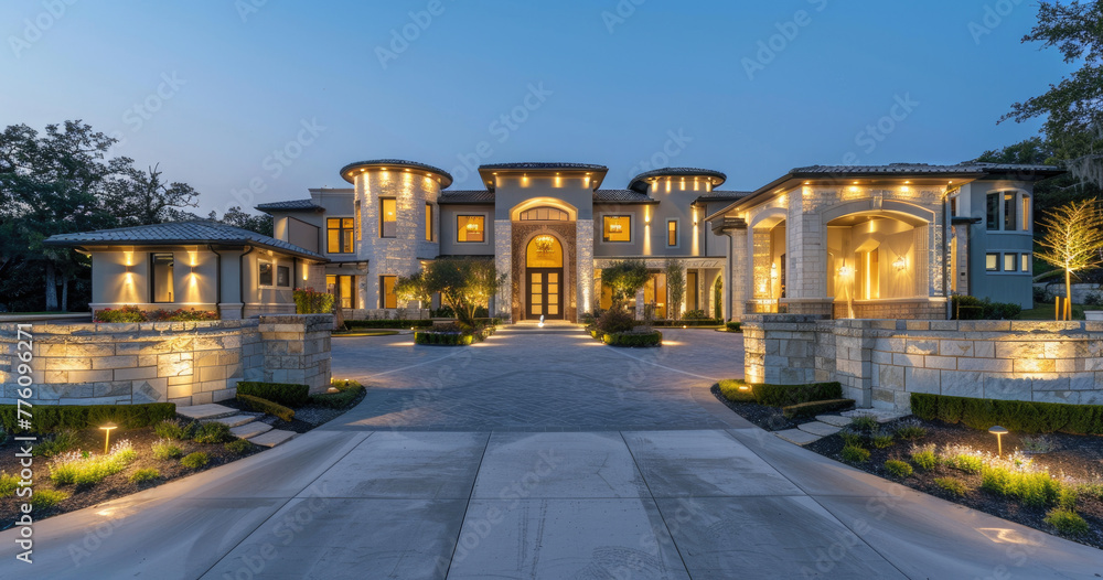 A beautiful home with a large, well-lit driveway leading to the front door at night. The house is in an upscale neighborhood and has symmetrical design elements